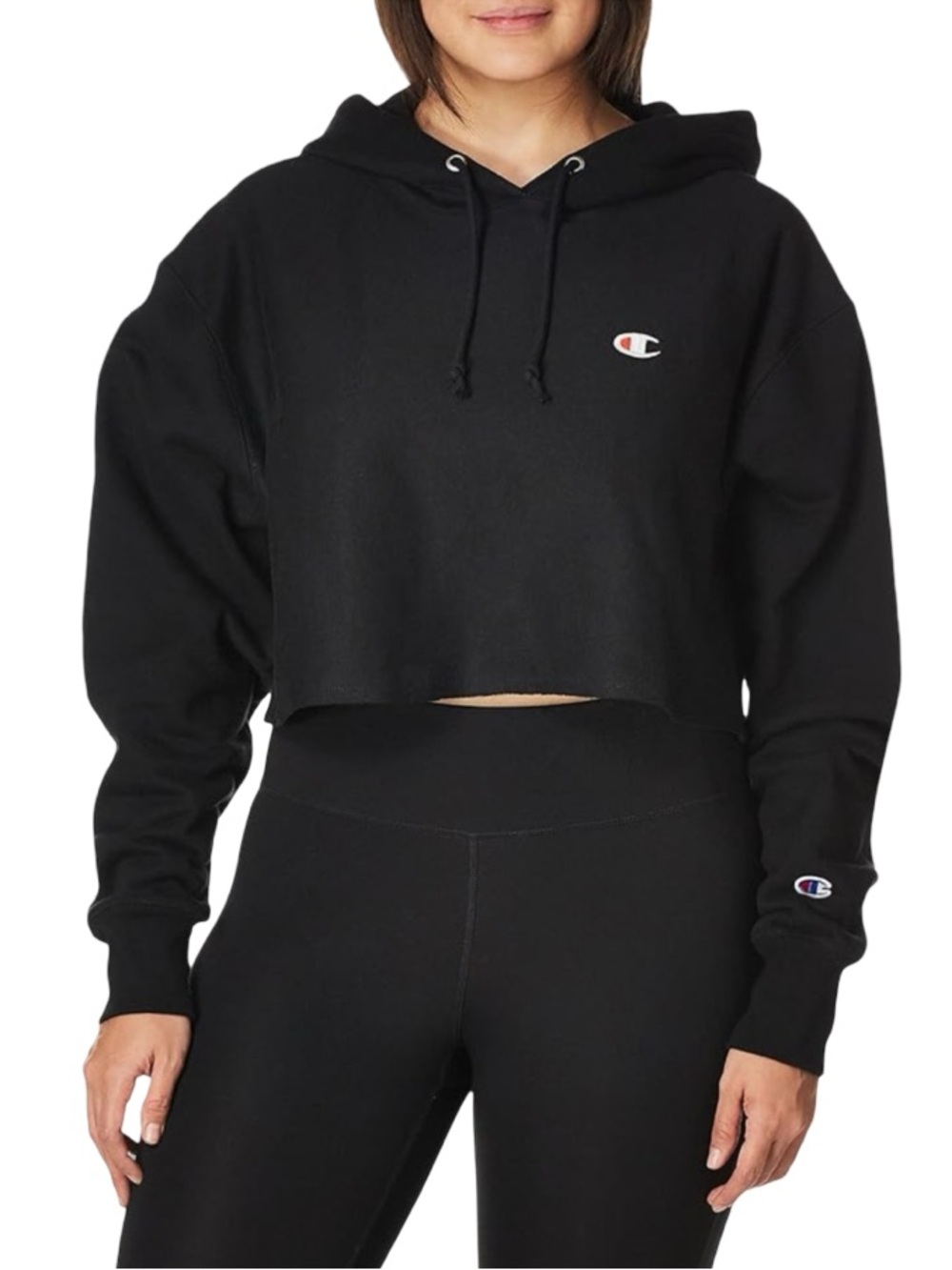 🖤 Champion Black Cropped Hoodie with Blue Logo Tag 🖤‎
